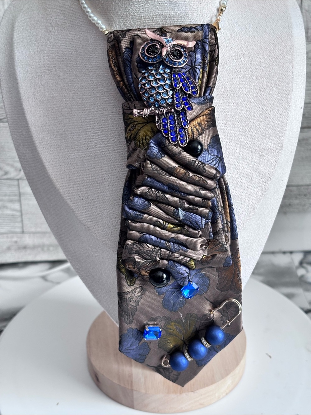 Embellished Owl Tie Necklace in Blue and Brown